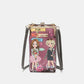 Nicole Lee USA printed crossbody wallet with detachable kiss lock pouch and eco-leather material featuring colorful doll-themed design.