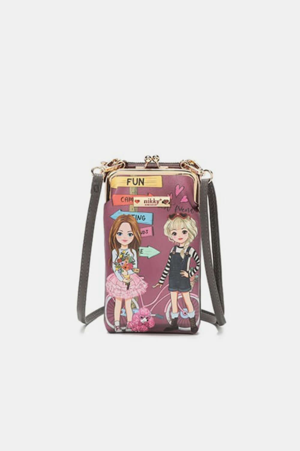 Nicole Lee USA printed crossbody wallet with detachable kiss lock pouch and eco-leather material featuring colorful doll-themed design.