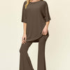 Round Neck Drop Shoulder T-Shirt and Flare Pants Set | Full Size - Coffee Brown