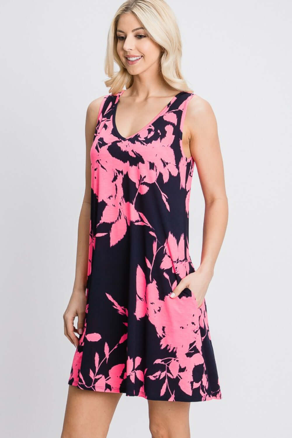 HEIMISH Full Size Floral V-Neck Tank Dress with Pockets at Bella Road