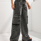 Bella Road wide leg jeans with pockets, black denim, high waist, relaxed fit, modeled with drawstring waist and cargo-style pockets.