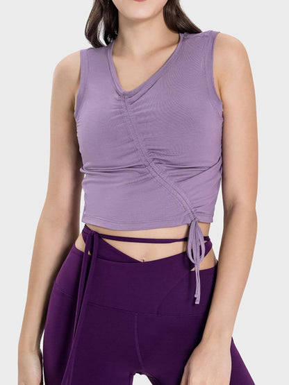 Millennia Drawstring Ruched Wide Strap Active Tank in lavender, perfect for stylish workouts and fitness activities.