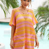 Tassel Openwork Striped V-Neck Cover Up - Tangerine