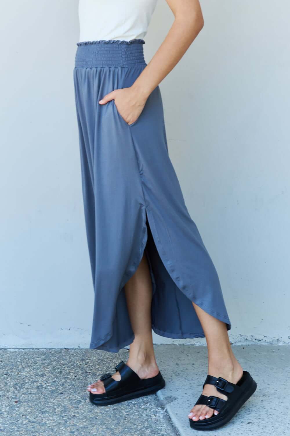 DOUBLJU Comfort Princess Full Size High Waist Scoop Hem Maxi Skirt in Dusty Blue at Bella Road