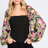 Floral Balloon Sleeve Blouse | Full Size - Black