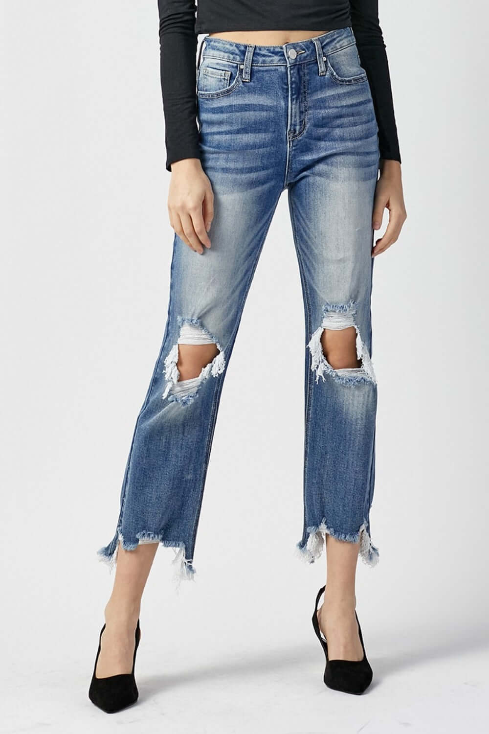 Trendy High Waist Distressed Frayed Hem Cropped Straight Risen Jeans, perfect for a stylish and edgy look.