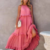 Ruffled Sleeveless Tiered Maxi Dress with Pockets - Watermelon pink