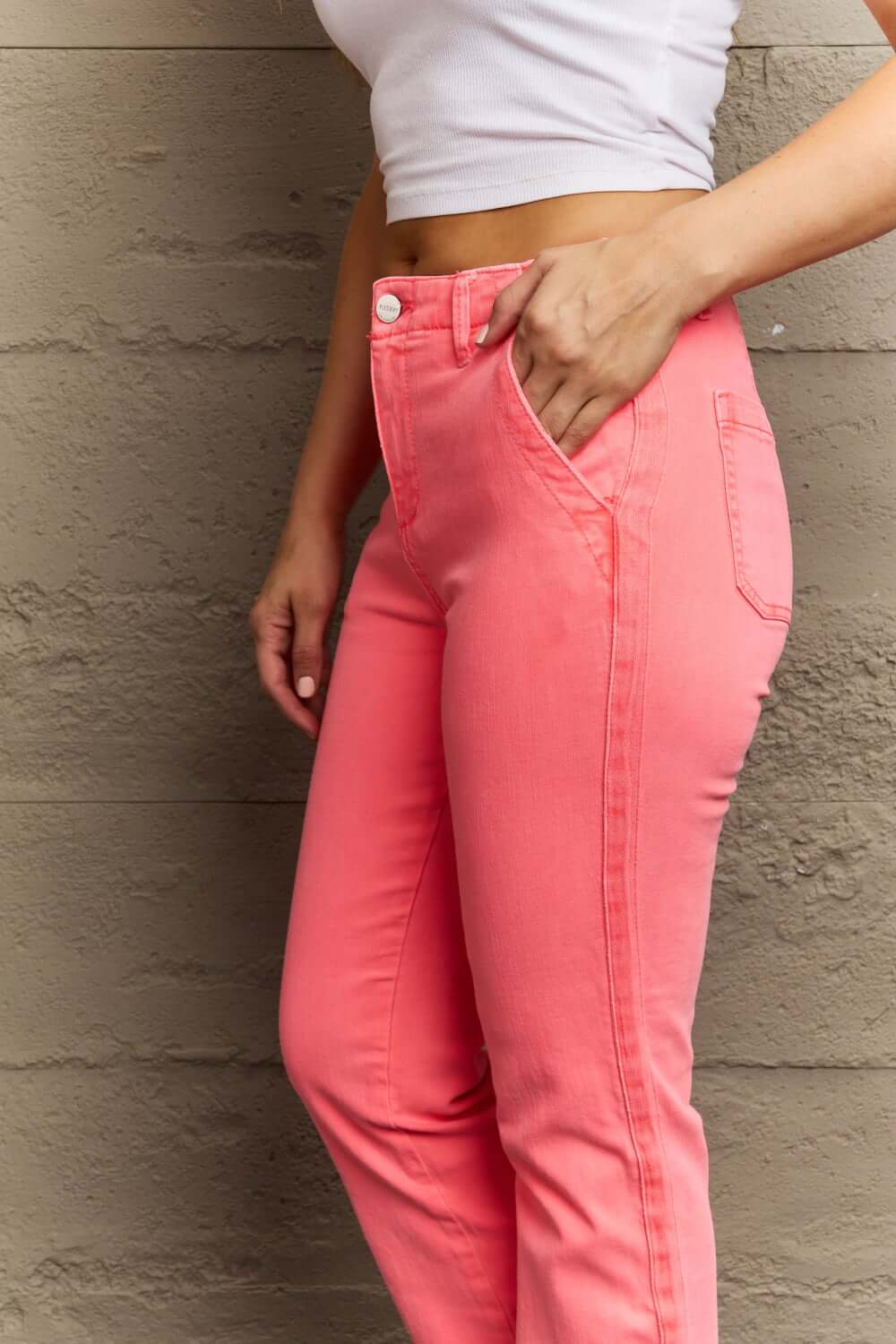 Stylish Risen Jeans Kenya High Waist Side Twill Straight Pants in vibrant coral, featuring elegant side detailing and a flattering fit.