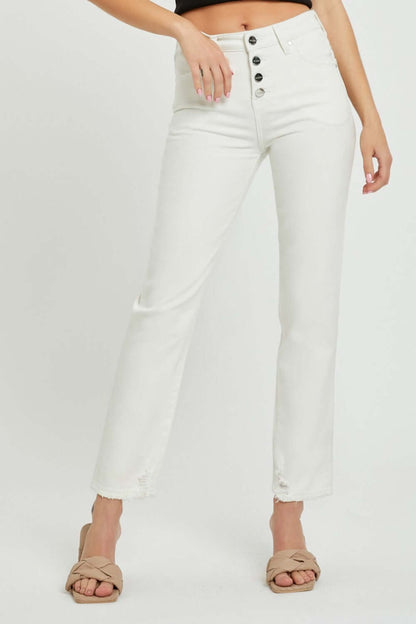 Mid-Rise Tummy Control Straight White Jeans by Risen, full size, showcasing stylish button detail and a chic, timeless straight leg fit.