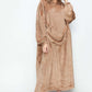 Cozy long pocketed lounge dress in soft beige, perfect for fall lounging and casual outings.