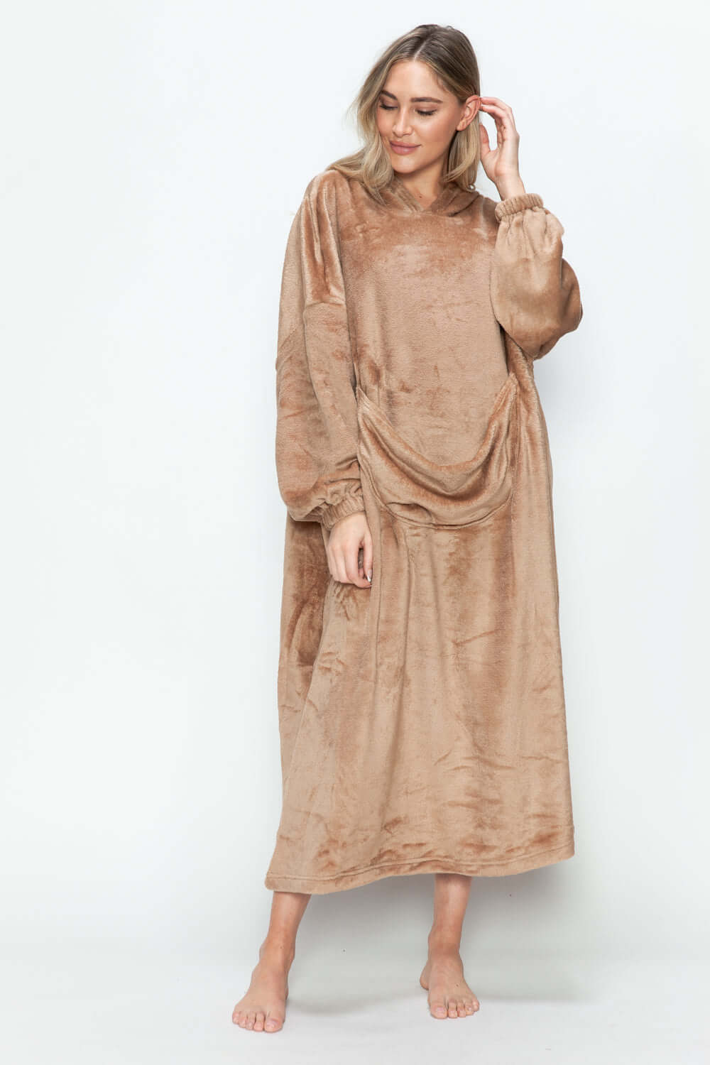 Cozy long pocketed lounge dress in soft beige, perfect for fall lounging and casual outings.