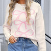 Angel Wings Bow Graphic Round Neck Long Sleeve Sweater - Cream