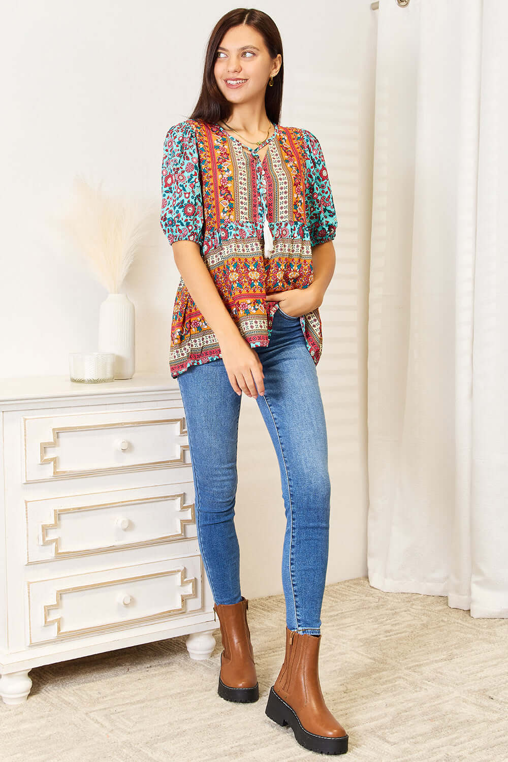 DOUBLE TAKE Bohemian Tassel Tie Puff Sleeve Babydoll Blouse at Bella Road