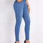 Bella Road High Rise Skinny Jeans with Pockets, buttoned, in blue with moderate stretch, worn with black heels - 85% cotton, 15% polyester