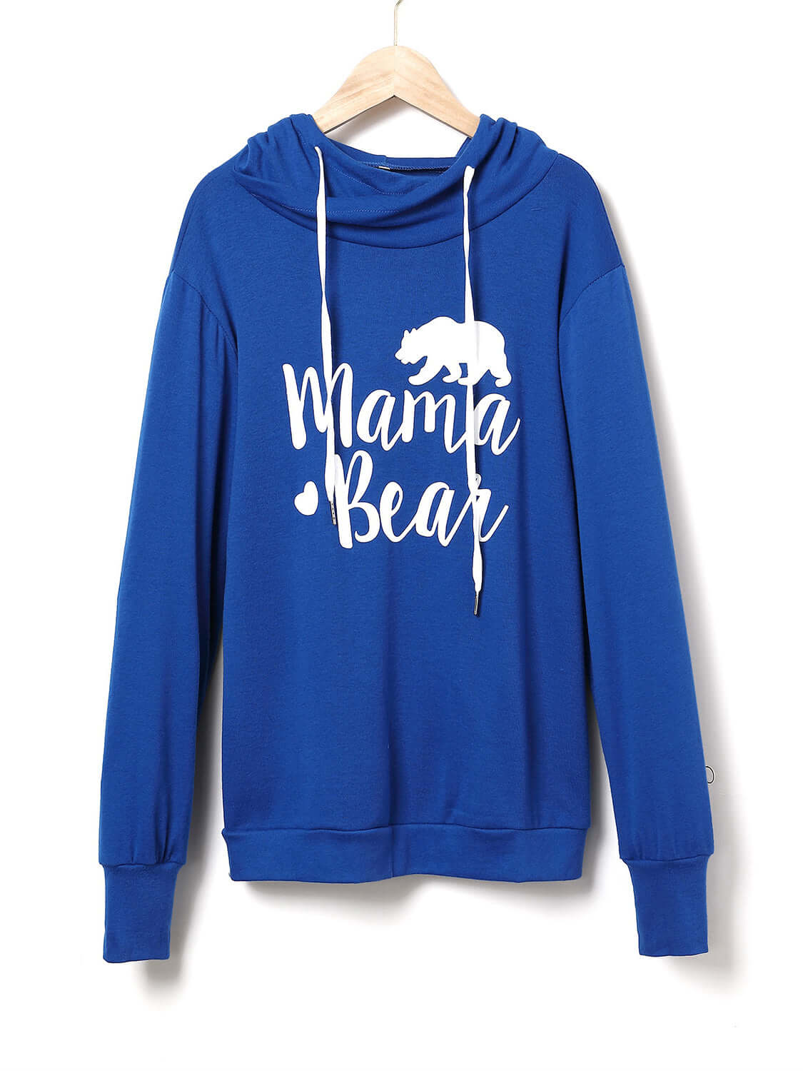 Blue drawstring hoodie with "Mama Bear" letter graphic and bear silhouette design on hanger.