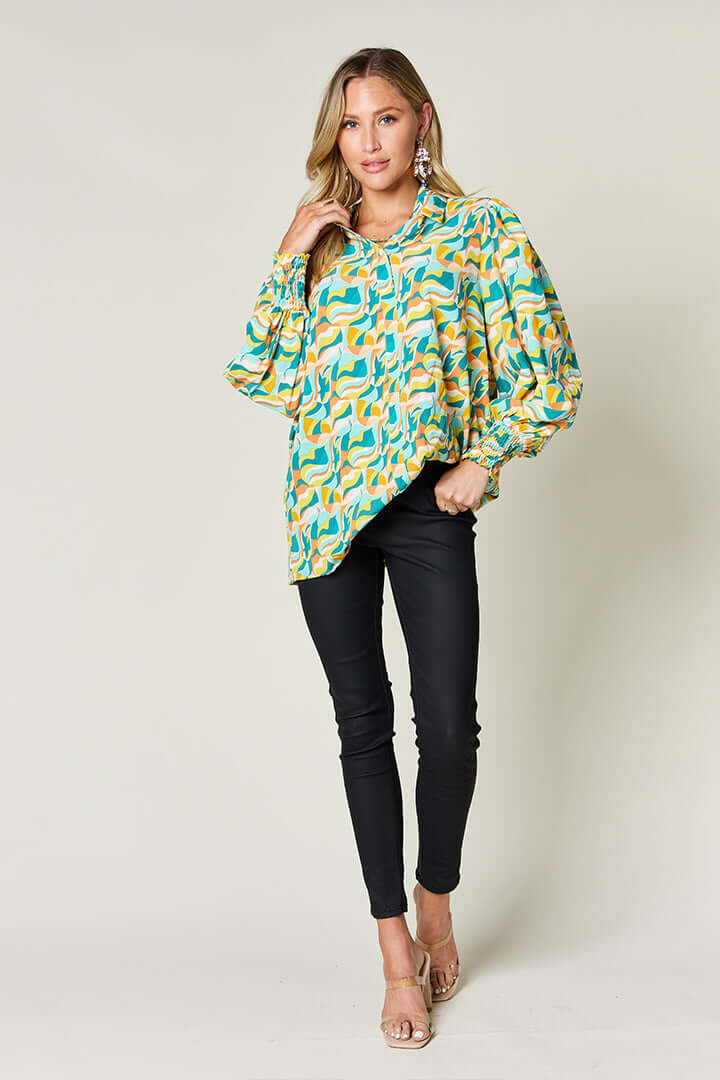 DOUBLE TAKE Full Size Printed Smocked Long Sleeve Blouse at Bella Road