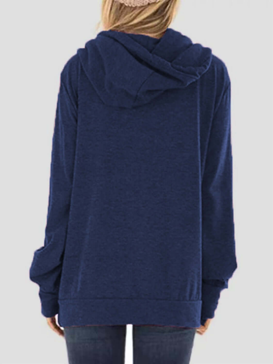 Back view of a person wearing a navy blue Bella Road Drawstring Letter Graphic Long Sleeve Hoodie with a hood up.