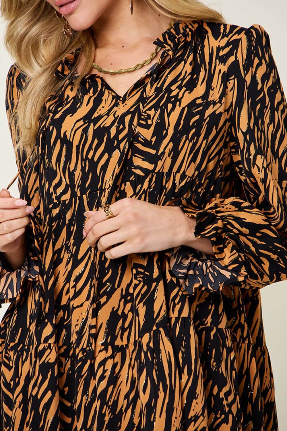 DOUBLE TAKE Full Size Printed Ruffle Hem Long Sleeve Dress at Bella Road