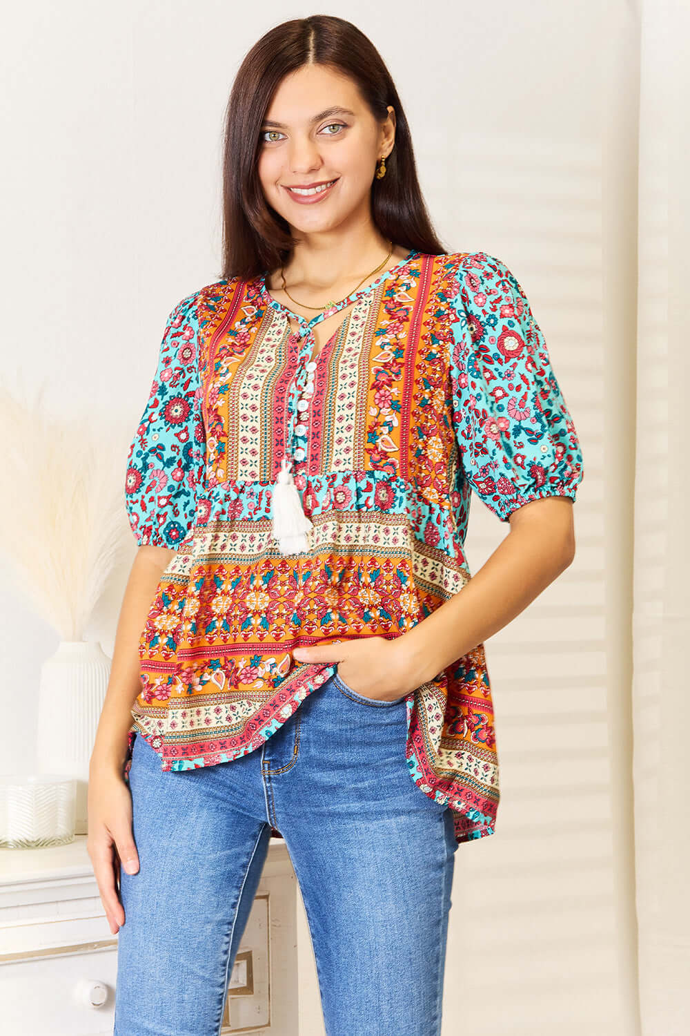 DOUBLE TAKE Bohemian Tassel Tie Puff Sleeve Babydoll Blouse at Bella Road