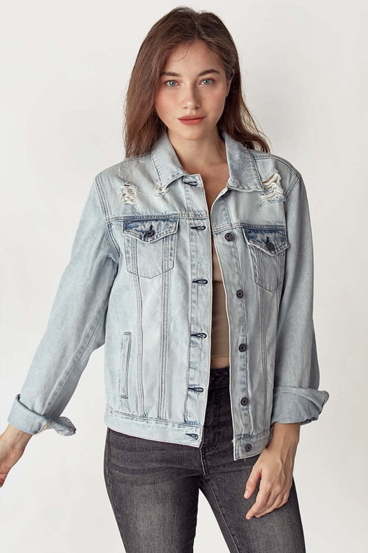 RISEN Distressed Button Up Jacket at Bella Road