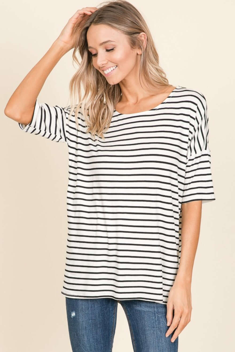 BOMBOM Striped Round Neck T-Shirt at Bella Road