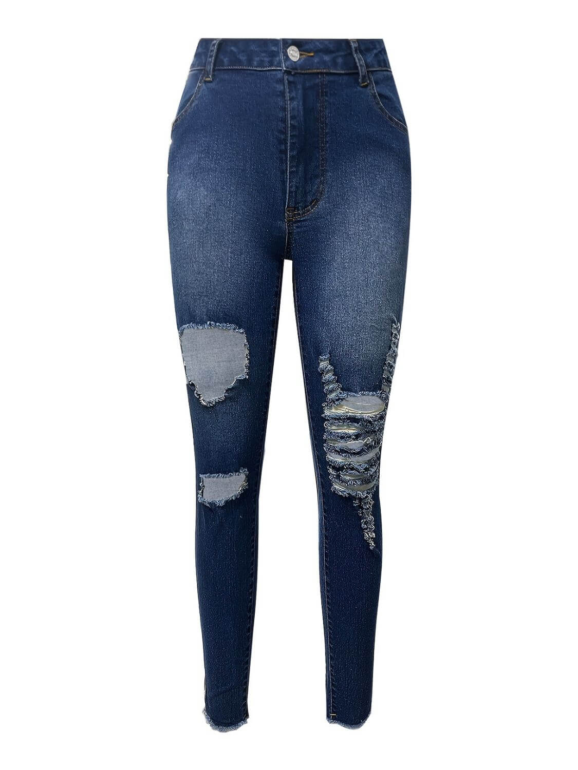 Bella Road Denim Distressed Skinny Jeans in dark blue with stylish rips and functional pockets, perfect for trendy outfits.