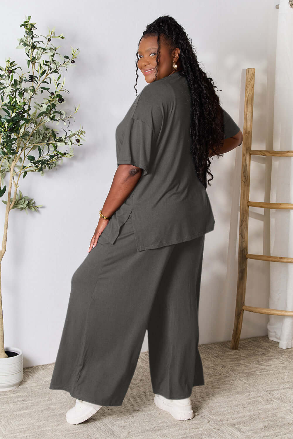 DOUBLE TAKE Full Size Round Neck Slit Top and Pants Set at Bella Road