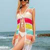 Fringe Color Block Sleeveless Cover Up - Watermelon pink