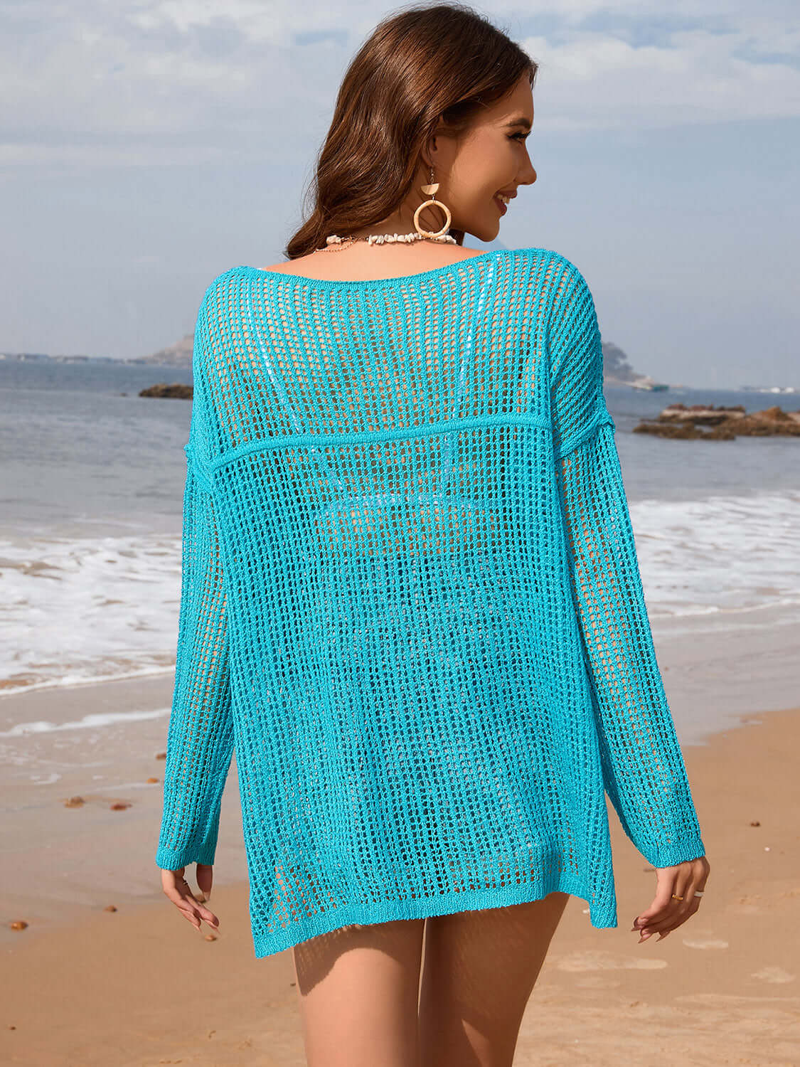 BELLA ROAD Openwork Slit Boat Neck Long Sleeve Cover-Up at Bella Road