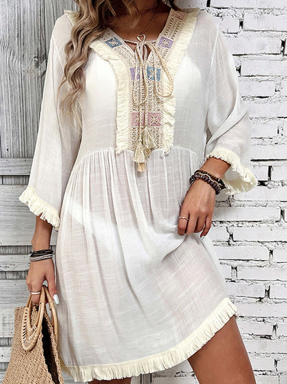 Fringe Tie Neck Three-Quarter Sleeve Sheer Cover Up with Embroidered Details and Tassels