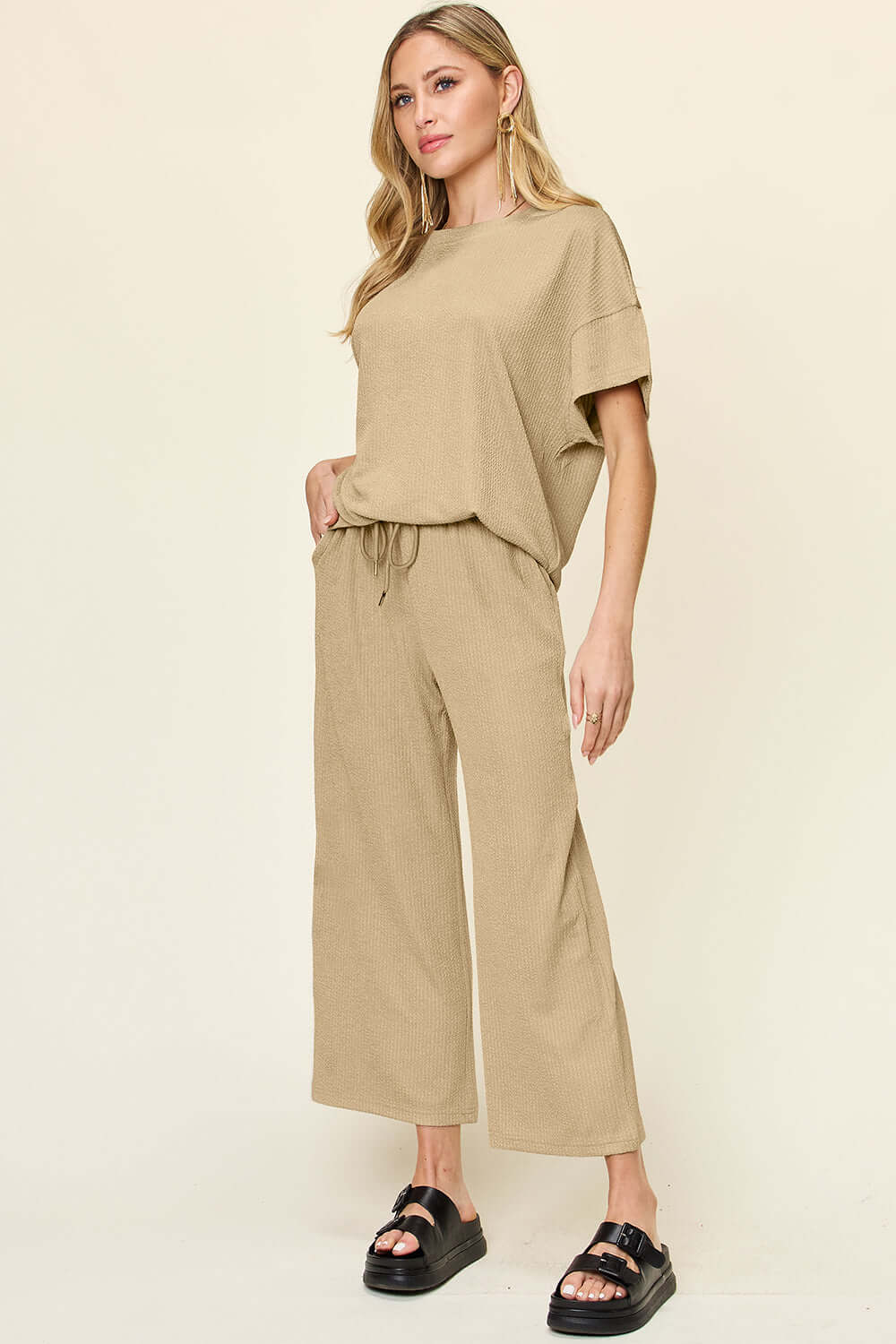 DOUBLE TAKE Full Size Texture Round Neck Short Sleeve T-Shirt and Wide Leg Pants at Bella Road