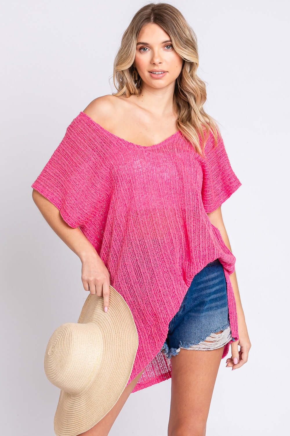 GEEGEE Short Sleeve Side Slit Knit Cover Up Dress at Bella Road