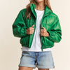 J.NNA Turtleneck Snap and Zipper Closure Crop Puff Jacket - Green