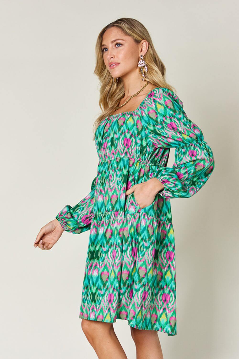 DOUBLE TAKE Full Size Printed Long Sleeve Dress at Bella Road