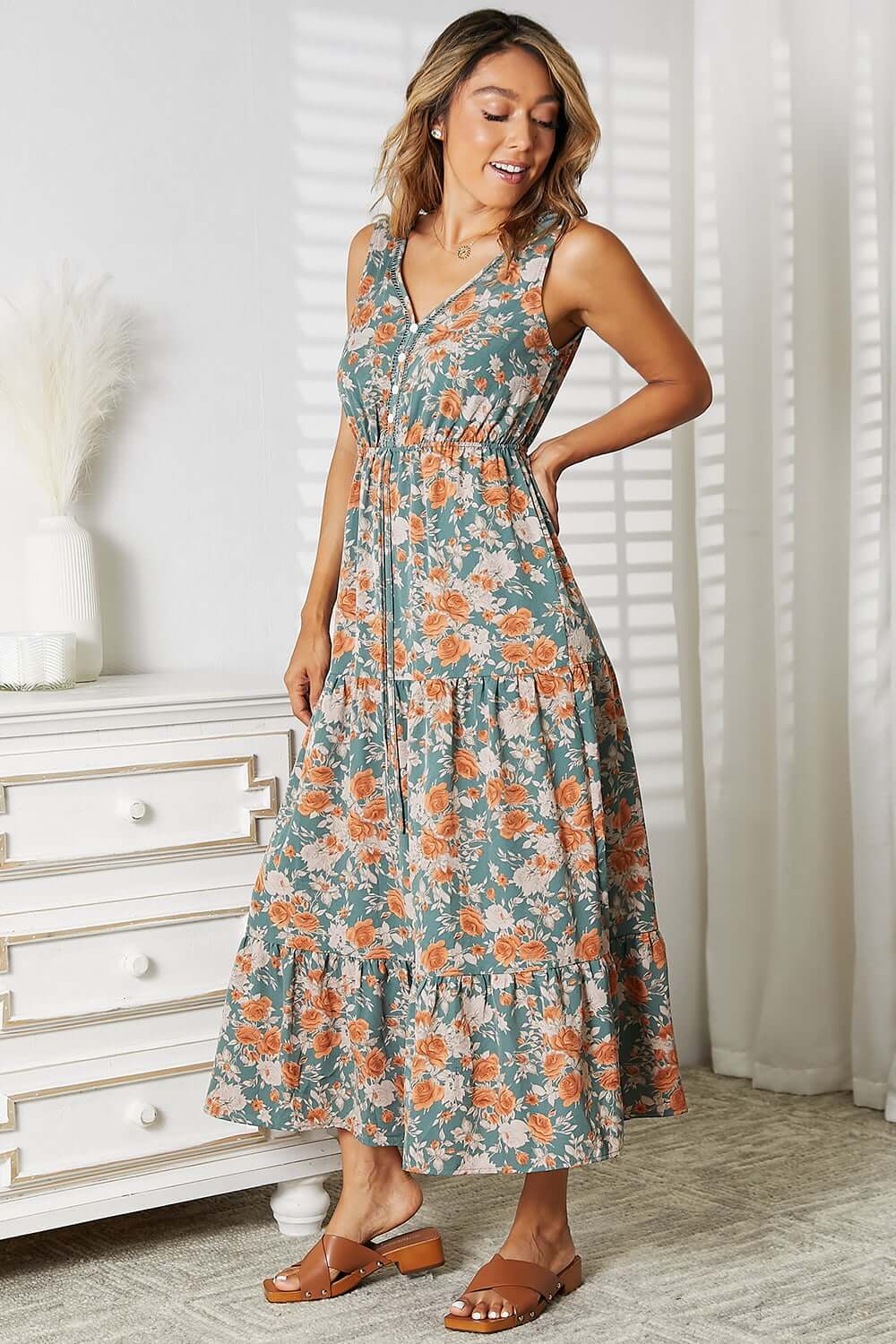 DOUBLE TAKE Floral V-Neck Tiered Sleeveless Dress at Bella Road