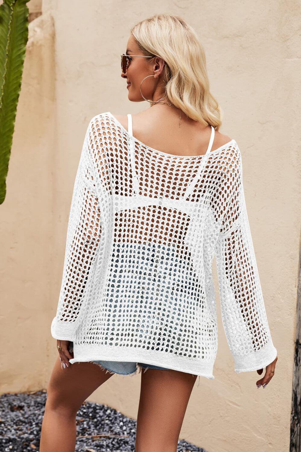 BELLA ROAD Openwork Round Neck Long Sleeve Cover Up at Bella Road