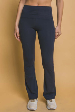 High waist flare active leggings with side pockets, perfect for workouts and daily wear in navy blue.