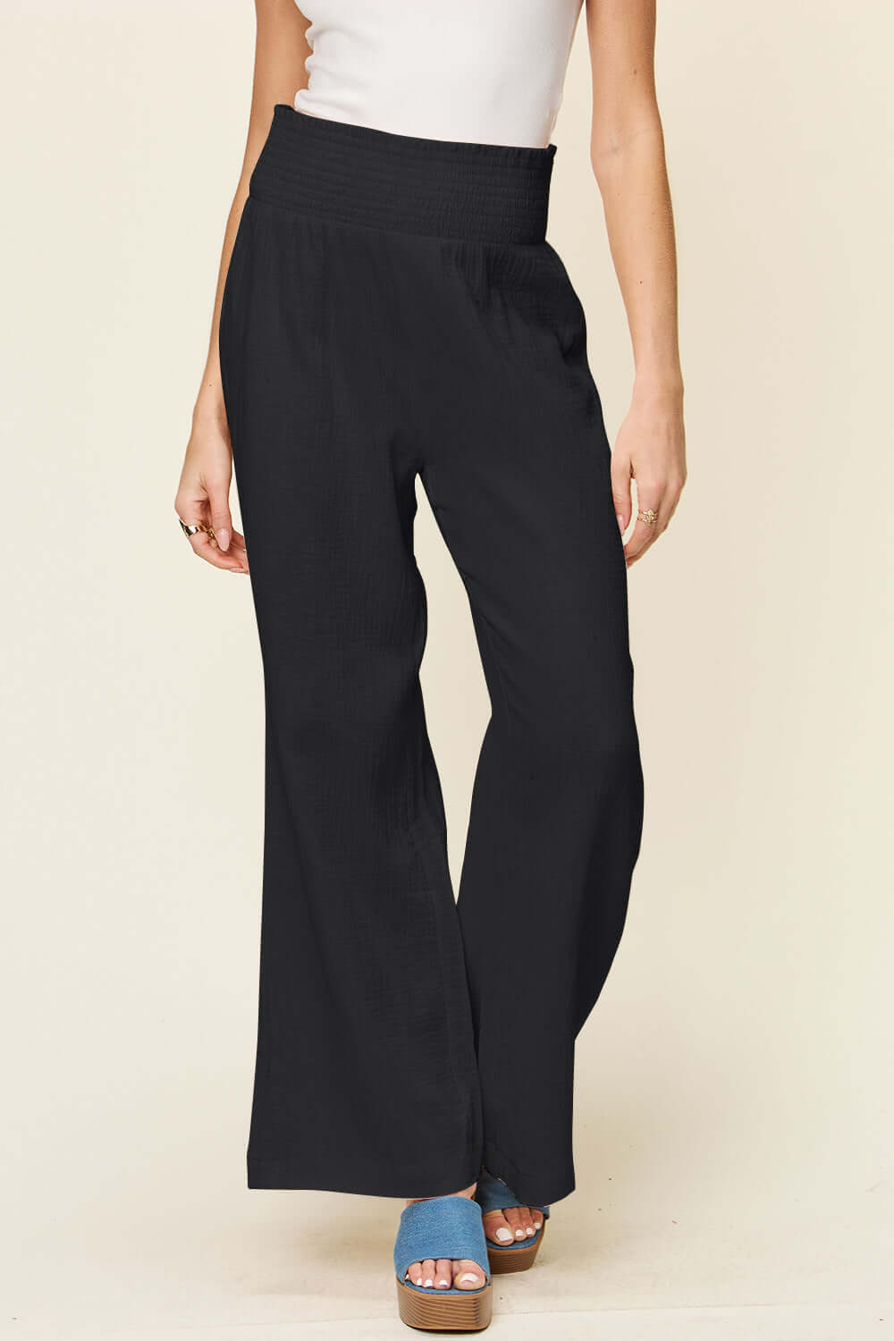 DOUBLE TAKE Full Size Texture Smocked Waist Wide Leg Pants at Bella Road