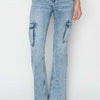 RISEN Full Size High Rise Cargo Flare Jeans - Acid Medium