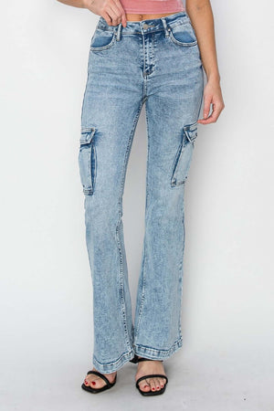 Risen high rise cargo flare jeans with utility pockets, high-waisted design, and trendy retro vibe in light blue denim.