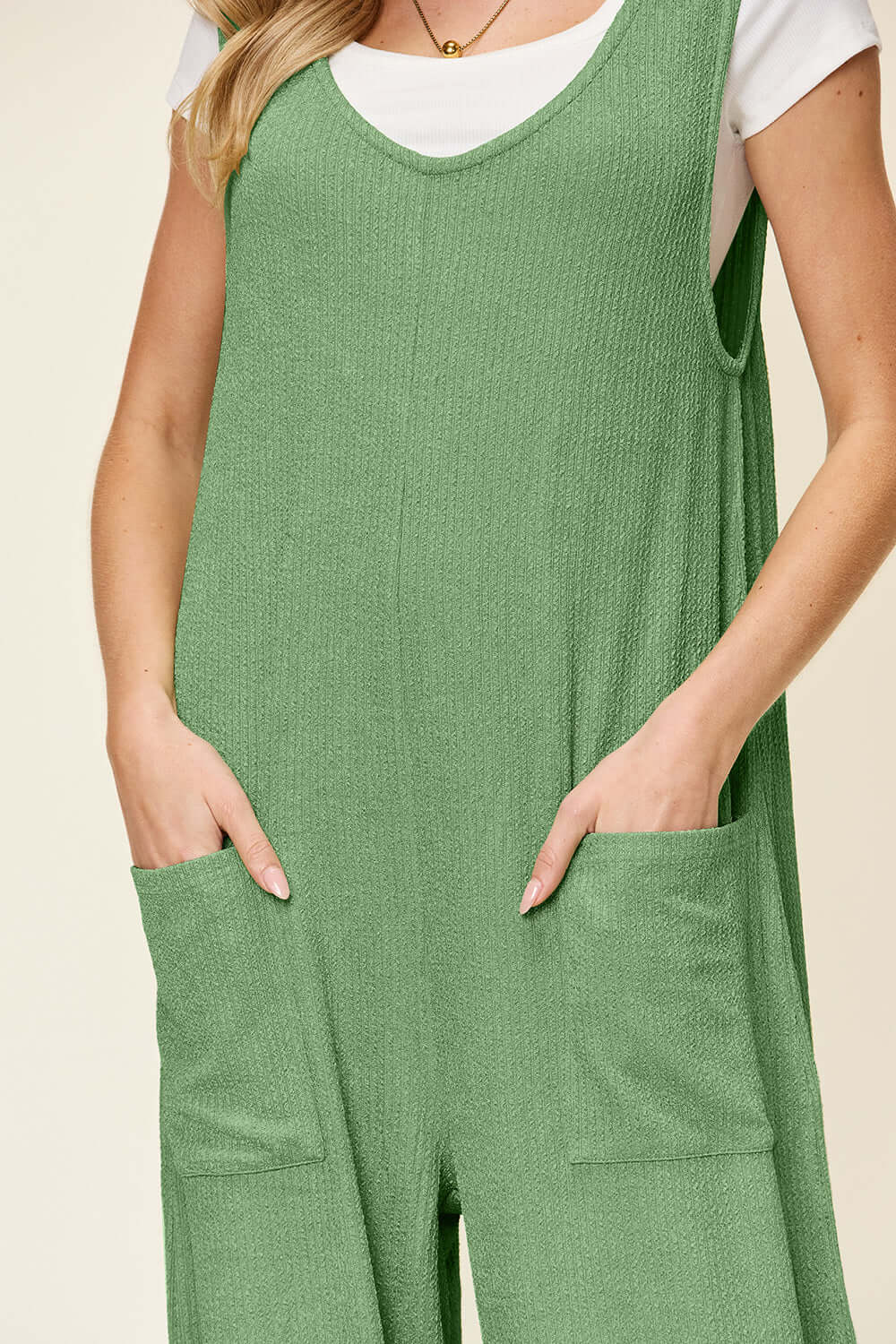 DOUBLE TAKE Full Size Texture Sleeveless Wide Leg Jumpsuit at Bella Road