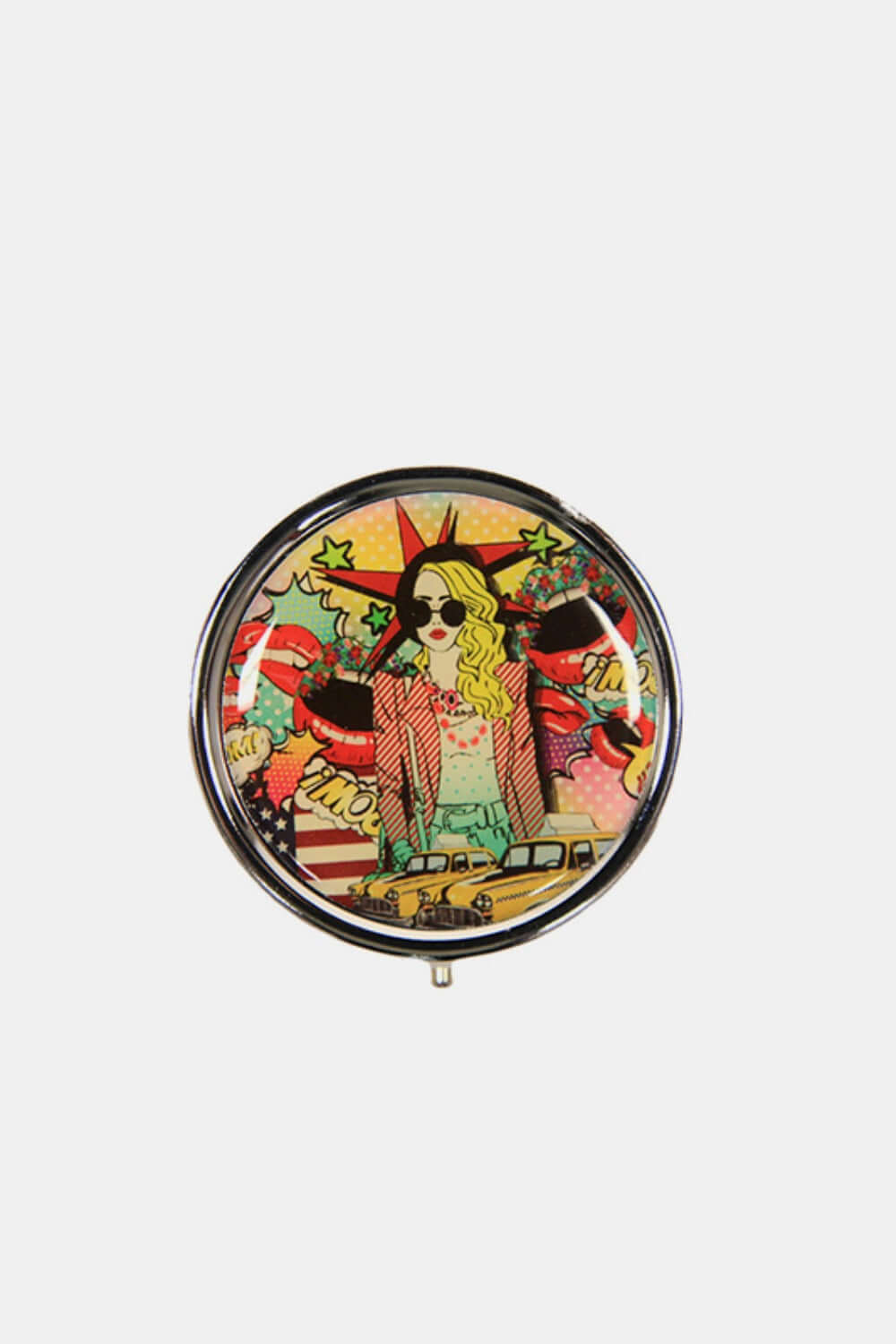 Nicole Lee USA print metallic circular large pill case with colorful design and silver-tone finish, perfect for stylish medication storage.