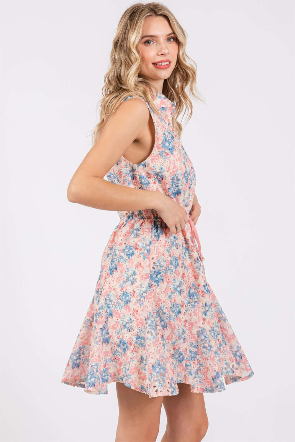 GEEGEE Full Size Floral Eyelet Sleeveless Mini Dress at Bella Road