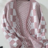 Double Take Checkered Open Front Dropped Shoulder Cardigan - Dusty Pink