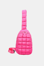 Hot pink Bella Road Quilted Nylon Crossbody Bag with adjustable strap, fashion-forward and lightweight, perfect for on-the-go adventures.