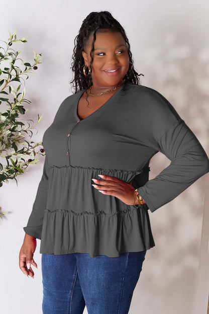 DOUBLE TAKE Half Button Long Sleeve Ruffle Hem Blouse at Bella Road