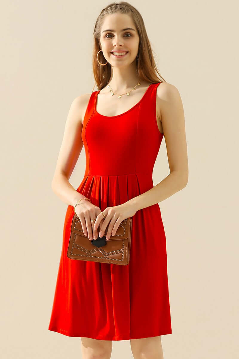 DOUBLJU Full Size Round Neck Ruched Sleeveless Dress with Pockets at Bella Road