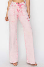 Stylish high-rise pink wide leg cargo jeans with practical pockets, offering a relaxed fit and modern look for everyday wear.