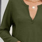 Olive green Bella Road waffle-knit notched long sleeve t-shirt with slight stretch, made of rayon, polyester, and spandex.