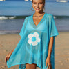 Openwork Flower V-Neck Short Sleeve Cover Up - Sky Blue